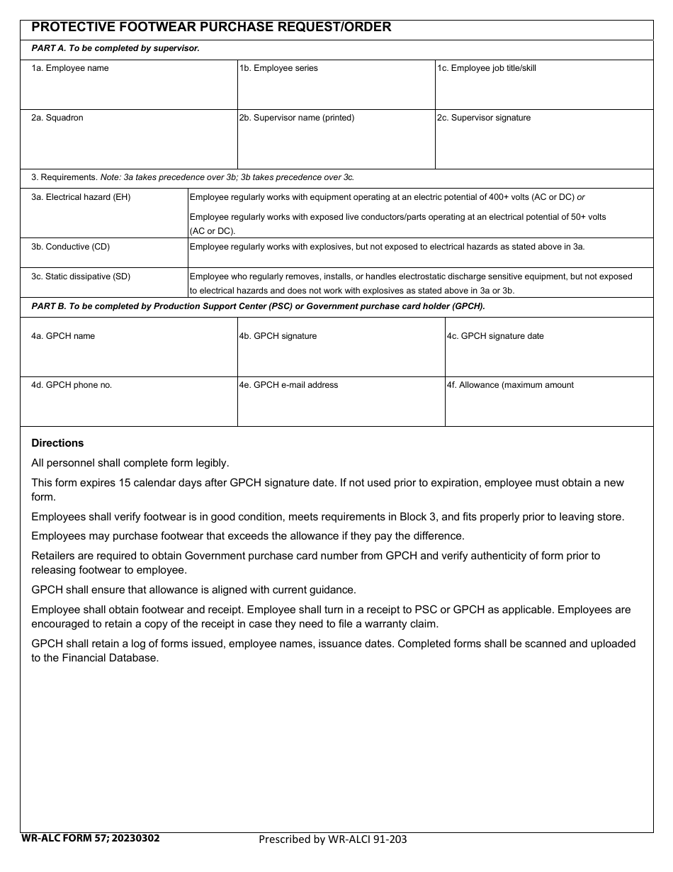 WR-ALC Form 57 Protective Footwear Purchase Request / Order, Page 1