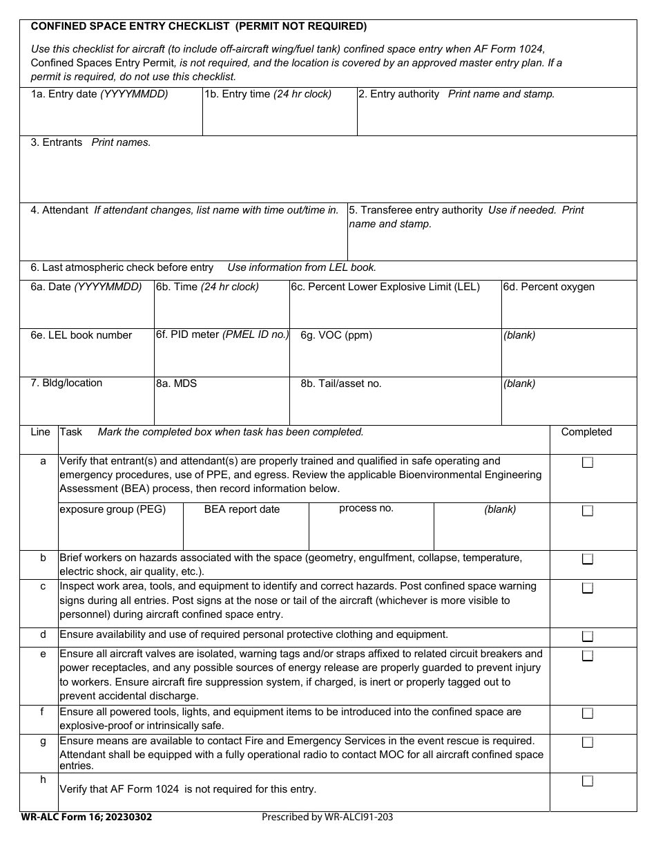 WR-ALC Form 16 Confined Space Entry Checklist (Permit Not Required), Page 1