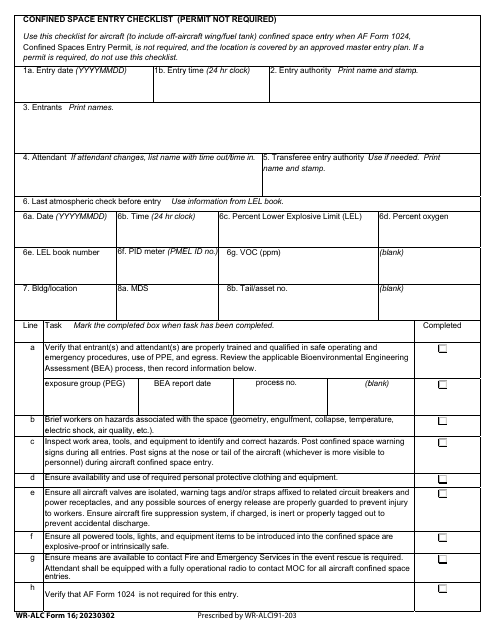 WR-ALC Form 16 Confined Space Entry Checklist (Permit Not Required)