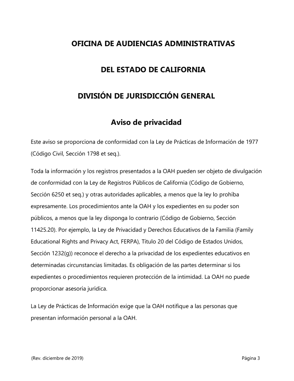 Formulario DGS OAH25 Renuncia Al Plazo Establecido Por La Ley Para La Audiencia Imparcial Y La Decision De La Ley Lanterman - California (Spanish), Page 3