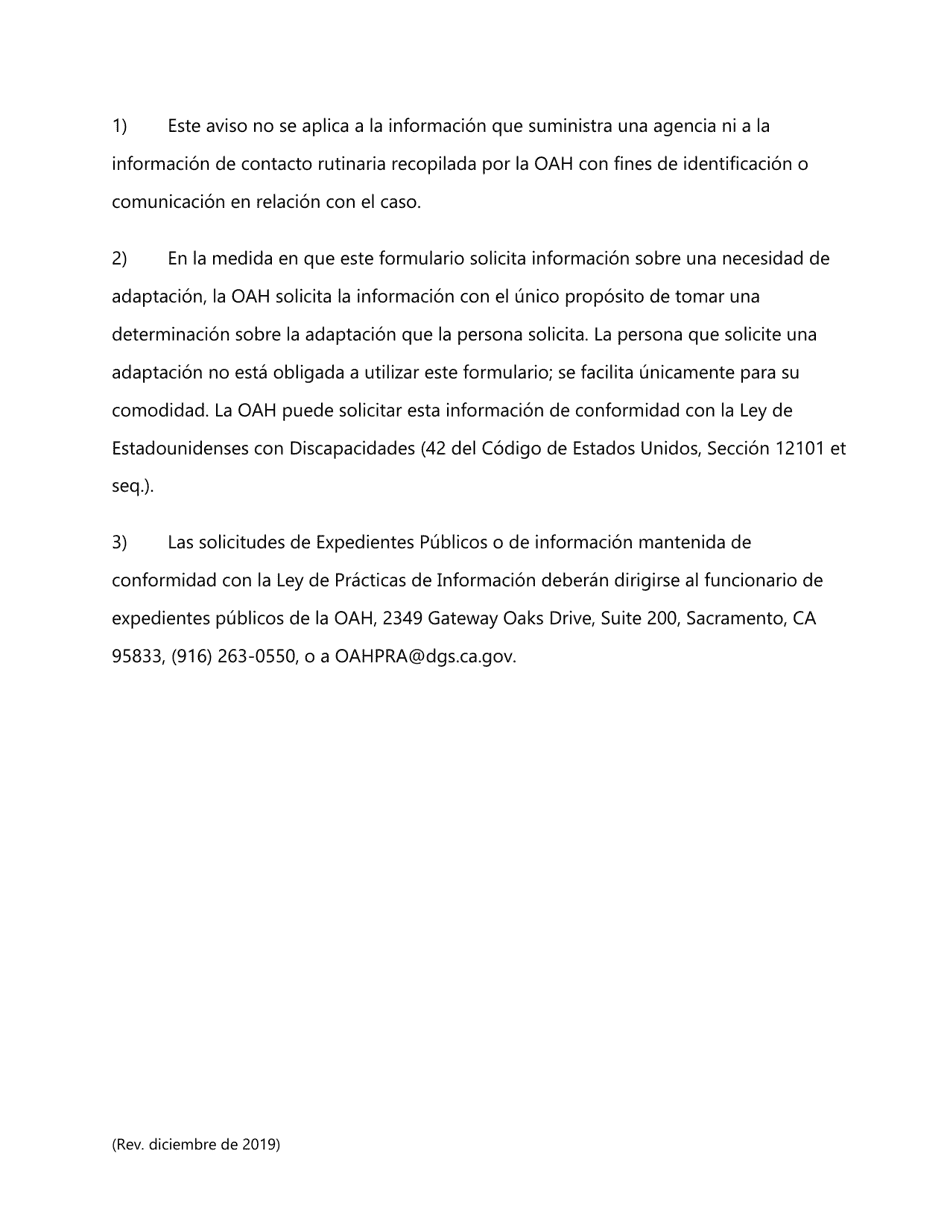 Formulario DGS OAH24 Solicitude De La Ley Lanterman Para La Continuacion De La Mediacion Y / O Audiencia Justa Y Renuncia De Tiempo - California (Spanish), Page 7
