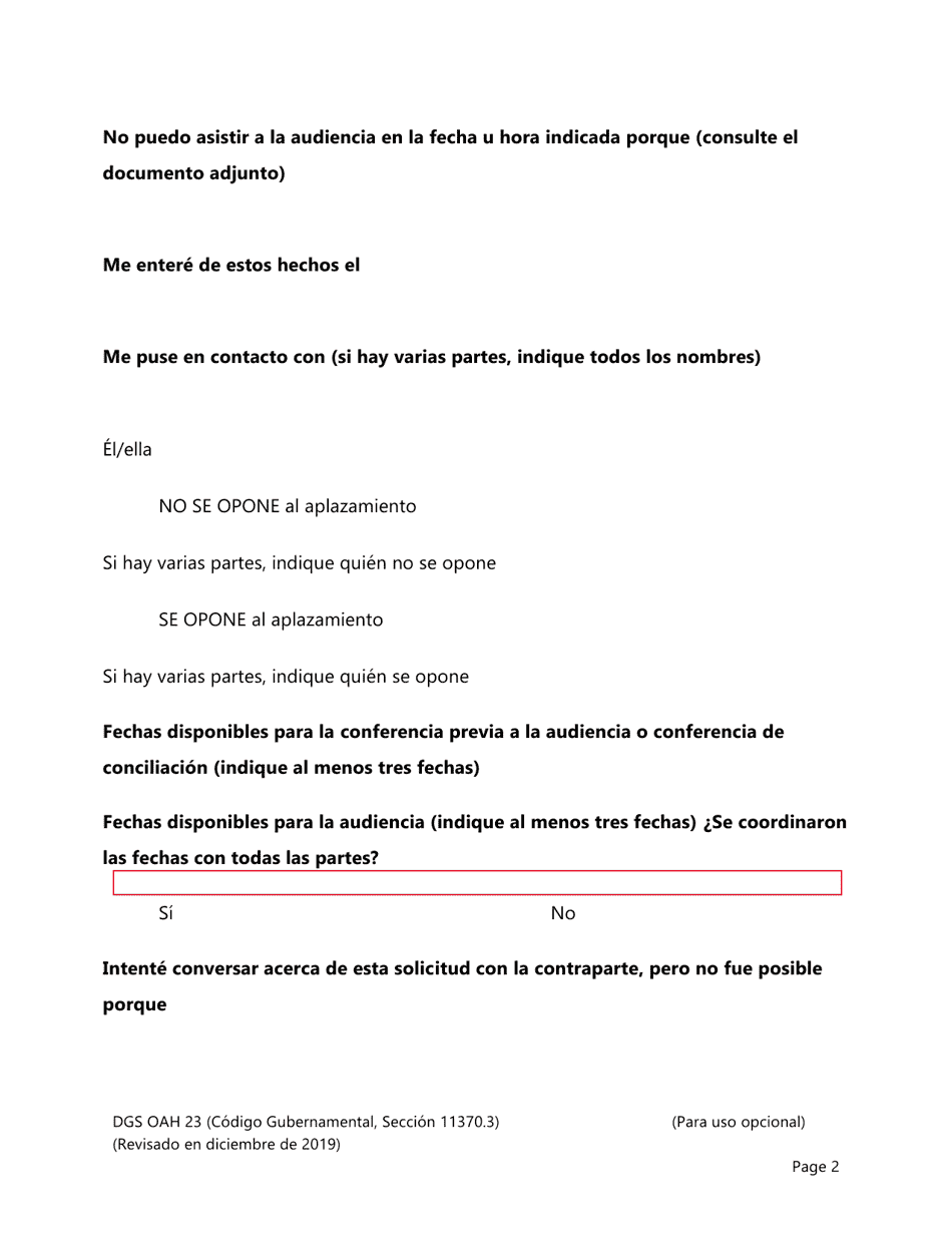 Formulario DGS OAH23 Solicitud De Aplazamiento Por La Parte No Representada - California (Spanish), Page 2
