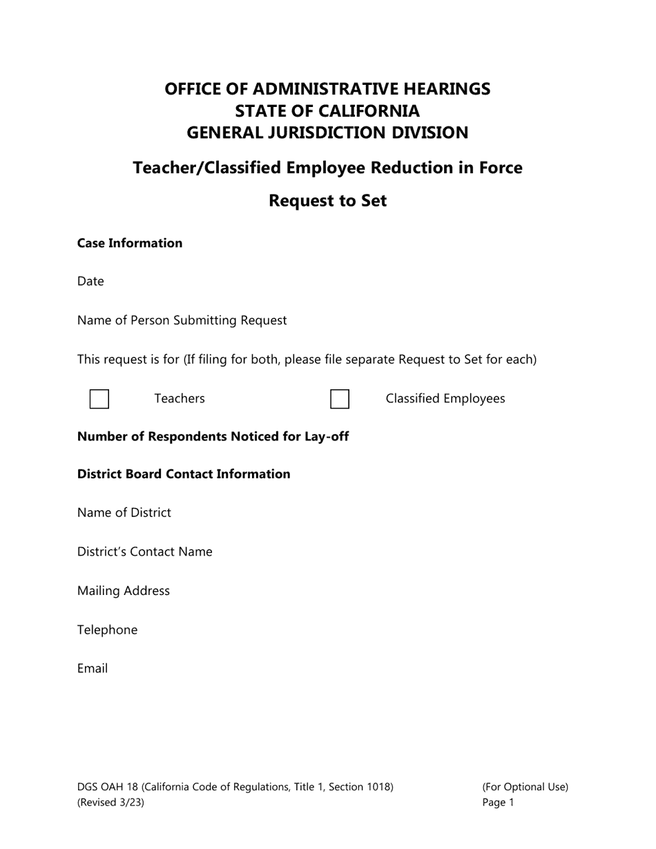 Form DGS OAH18 Teacher / Classified Employee Reduction in Force Request to Set - California, Page 1