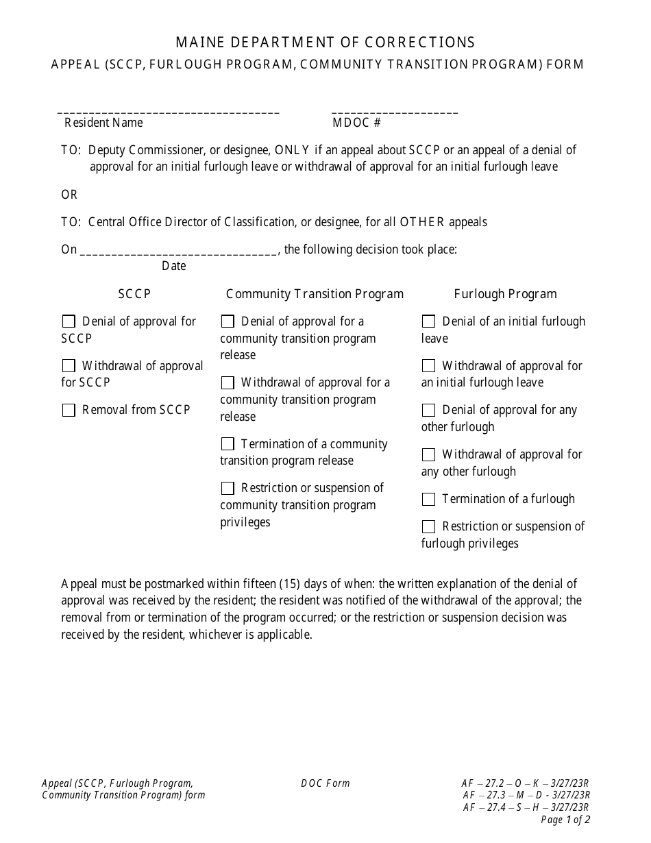 Attachment D, H, K Appeal (Sccp, Furlough Program, Community Transition Program) Form - Maine, Page 1