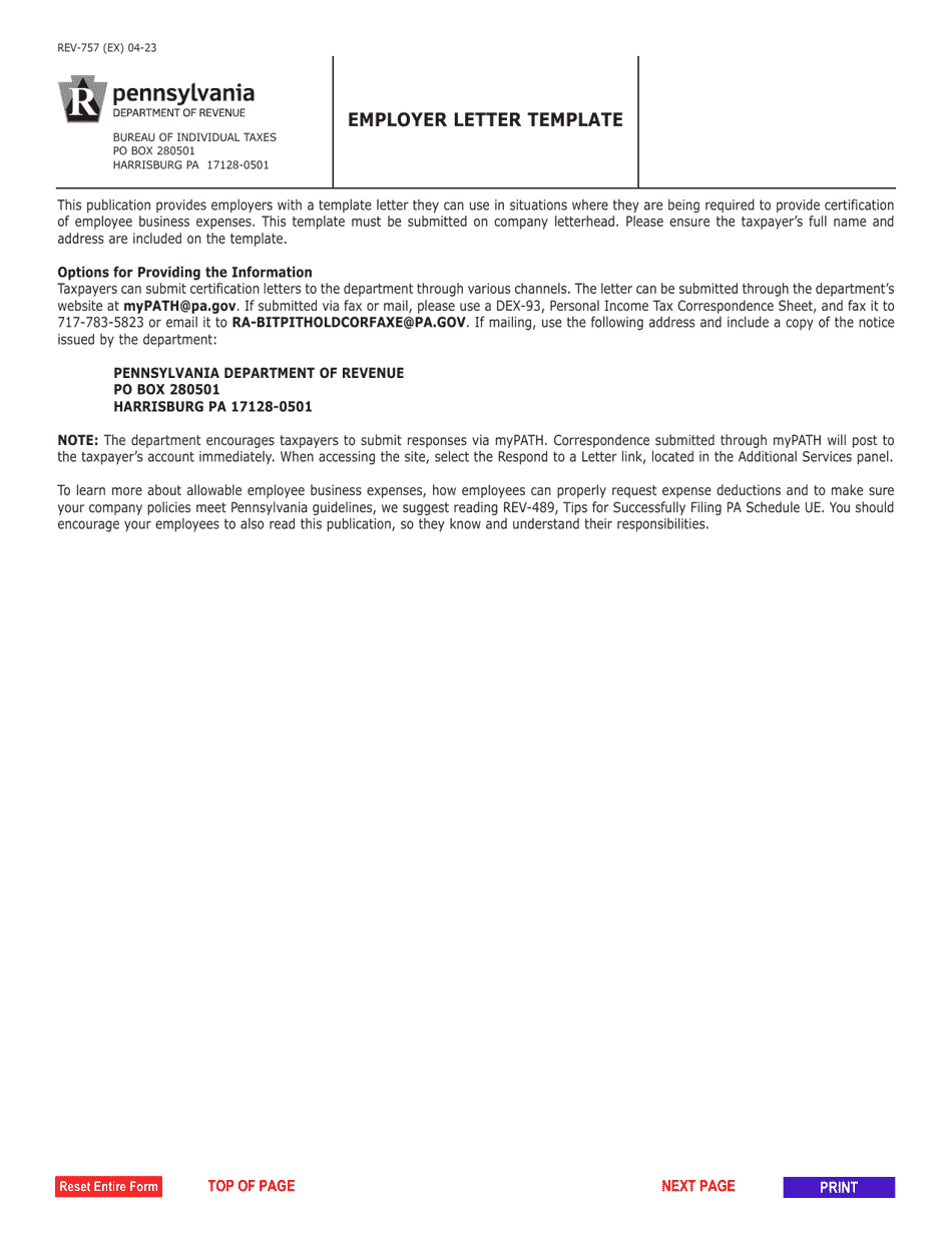 Form REV-757 Employer Letter Template - Pennsylvania, Page 1