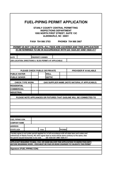 Fuel-Piping Permit Application - Stanly County, North Carolina Download Pdf