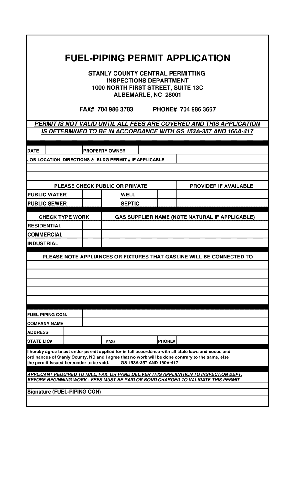 Stanly County North Carolina Fuel Piping Permit Application Fill Out Sign Online And 0933