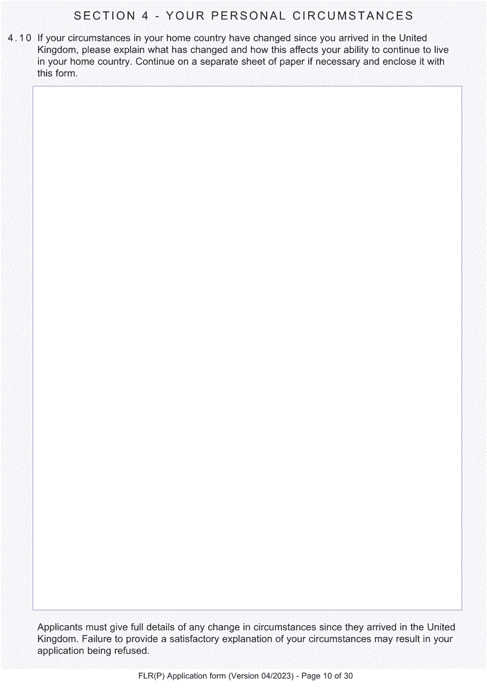 Form FLR(P) Application for an Extension of Permission to Stay in the UK as a Child Under the Age of 18 of a Nonparent Relative With Protection Status in the UK but Who Has Not yet Settled and for a Biometric Immigration Document - United Kingdom, Page 10