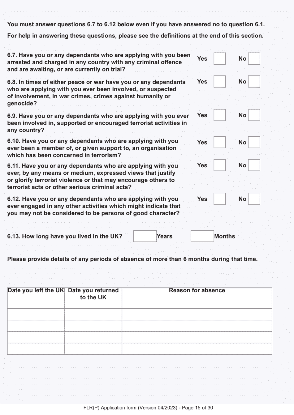 Form FLR(P) Application for an Extension of Permission to Stay in the UK as a Child Under the Age of 18 of a Nonparent Relative With Protection Status in the UK but Who Has Not yet Settled and for a Biometric Immigration Document - United Kingdom, Page 15