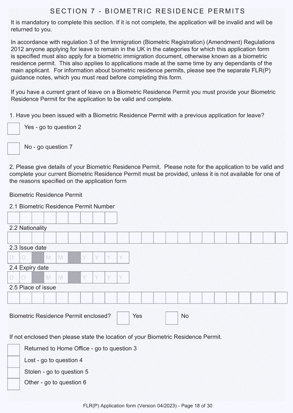 Form FLR(P) Application for an Extension of Permission to Stay in the UK as a Child Under the Age of 18 of a Nonparent Relative With Protection Status in the UK but Who Has Not yet Settled and for a Biometric Immigration Document - United Kingdom, Page 18