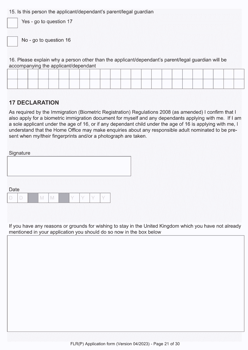 Form FLR(P) Application for an Extension of Permission to Stay in the UK as a Child Under the Age of 18 of a Nonparent Relative With Protection Status in the UK but Who Has Not yet Settled and for a Biometric Immigration Document - United Kingdom, Page 21