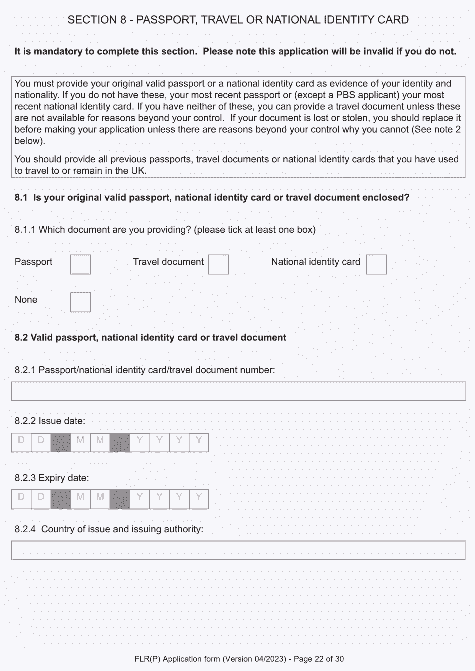 Form FLR(P) Application for an Extension of Permission to Stay in the UK as a Child Under the Age of 18 of a Nonparent Relative With Protection Status in the UK but Who Has Not yet Settled and for a Biometric Immigration Document - United Kingdom, Page 22