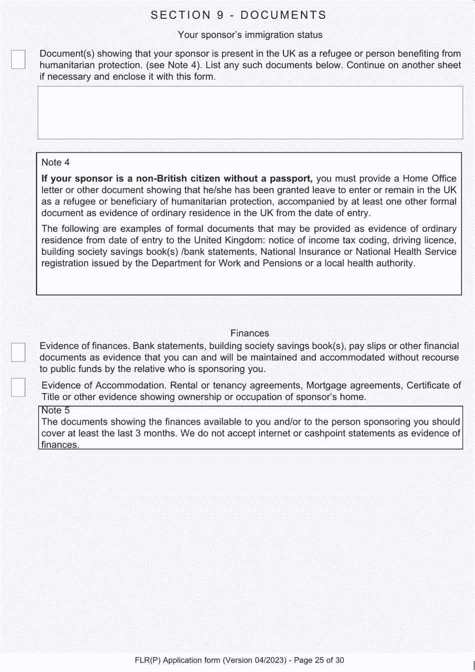 Form FLR(P) Application for an Extension of Permission to Stay in the UK as a Child Under the Age of 18 of a Nonparent Relative With Protection Status in the UK but Who Has Not yet Settled and for a Biometric Immigration Document - United Kingdom, Page 25