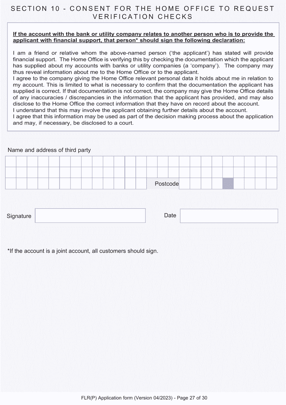 Form FLR(P) Application for an Extension of Permission to Stay in the UK as a Child Under the Age of 18 of a Nonparent Relative With Protection Status in the UK but Who Has Not yet Settled and for a Biometric Immigration Document - United Kingdom, Page 27