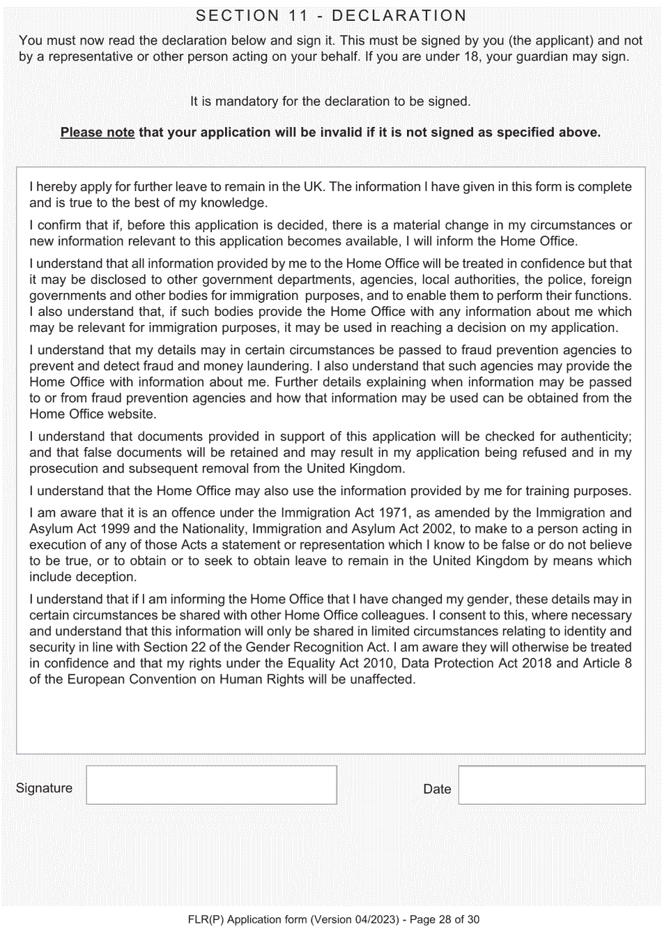 Form FLR(P) Application for an Extension of Permission to Stay in the UK as a Child Under the Age of 18 of a Nonparent Relative With Protection Status in the UK but Who Has Not yet Settled and for a Biometric Immigration Document - United Kingdom, Page 28