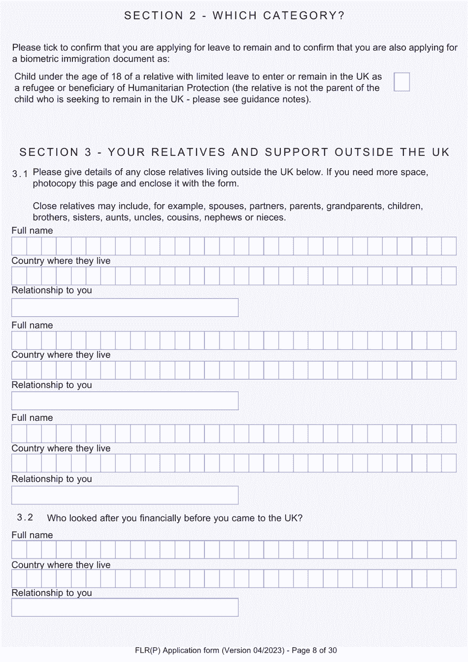Form FLR(P) Application for an Extension of Permission to Stay in the UK as a Child Under the Age of 18 of a Nonparent Relative With Protection Status in the UK but Who Has Not yet Settled and for a Biometric Immigration Document - United Kingdom, Page 8