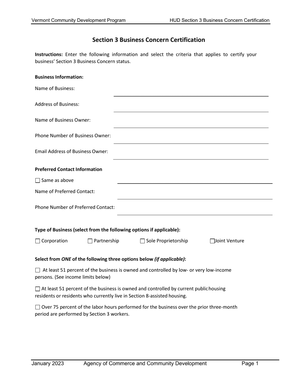 2022 Vermont Hud Section 3 Business Concern Certification Vermont