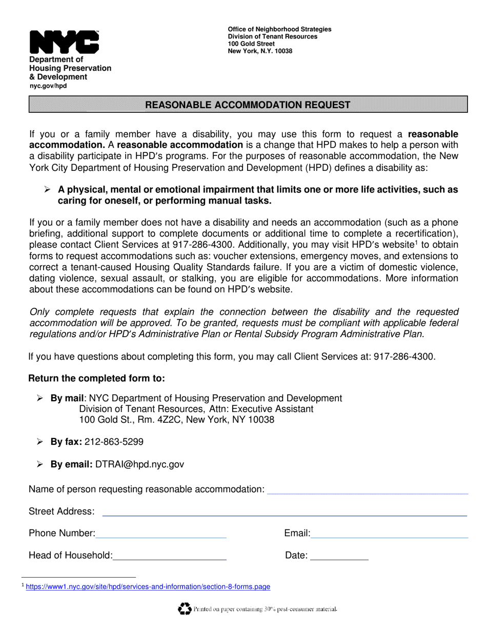 New York City Reasonable Request Fill Out, Sign Online