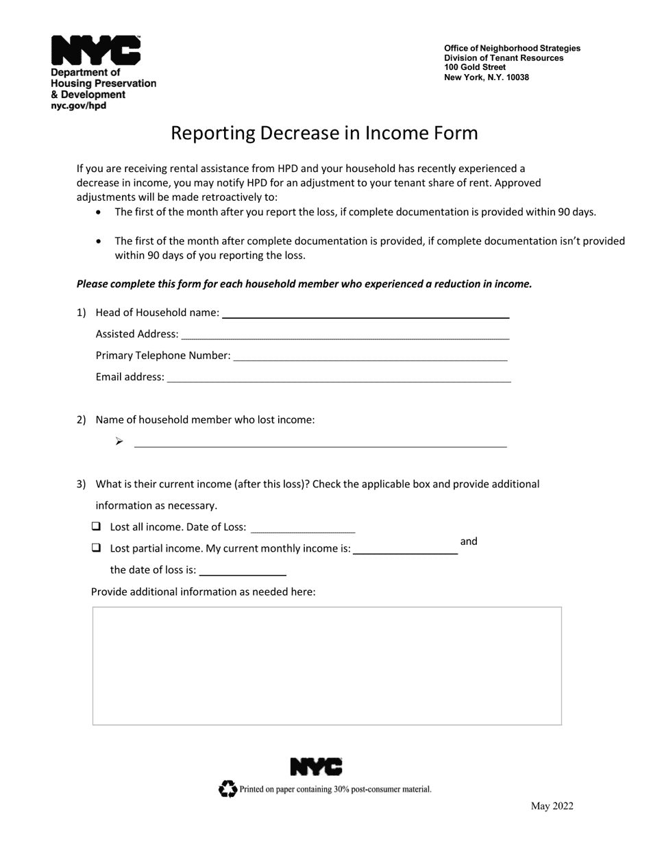 Reporting Decrease in Income Form - New York City, Page 1