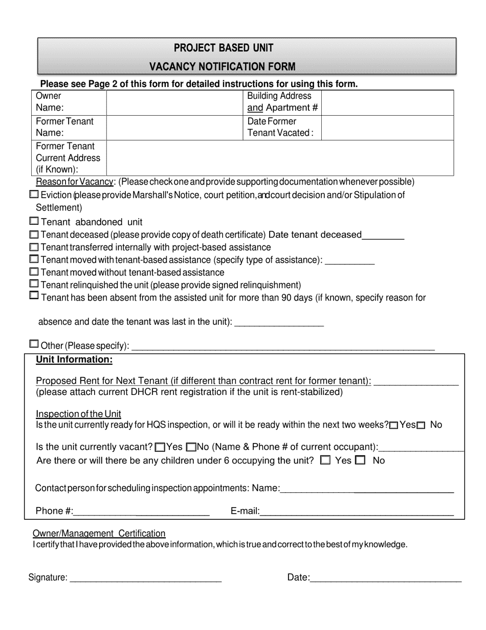 Project Based Unit Vacancy Notification Form - New York City, Page 1