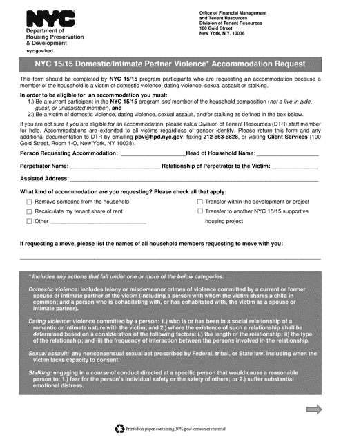 Nyc 15 / 15 Domestic / Intimate Partner Violence Accommodation Request - New York City Download Pdf