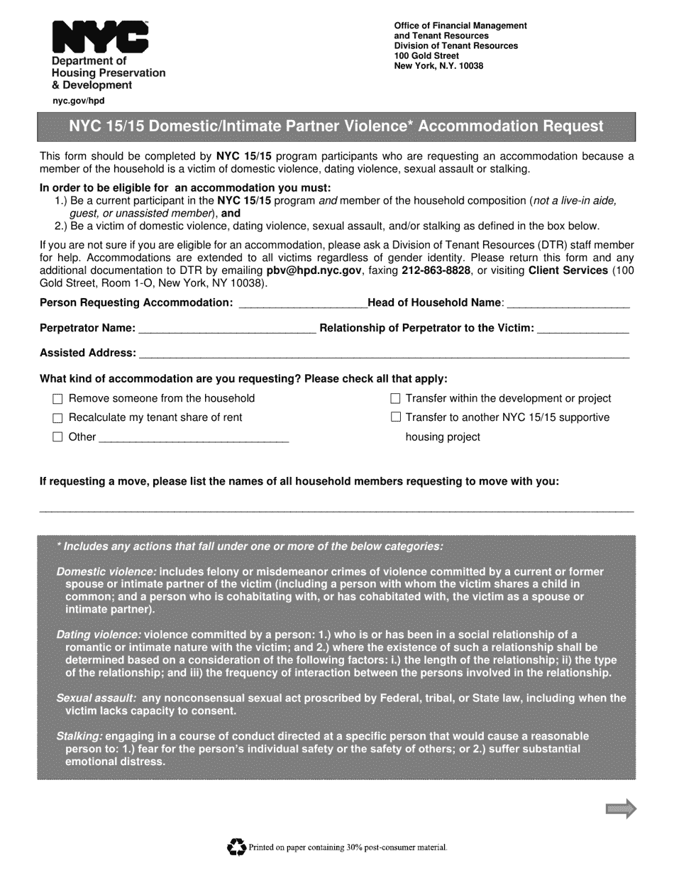 Nyc 15 / 15 Domestic / Intimate Partner Violence Accommodation Request - New York City, Page 1