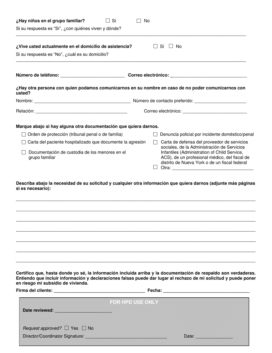 Solicitud De Adaptacion Por Violencia Domestica O De La Pareja Intima De Nyc 15 / 15 - New York City (Spanish), Page 2