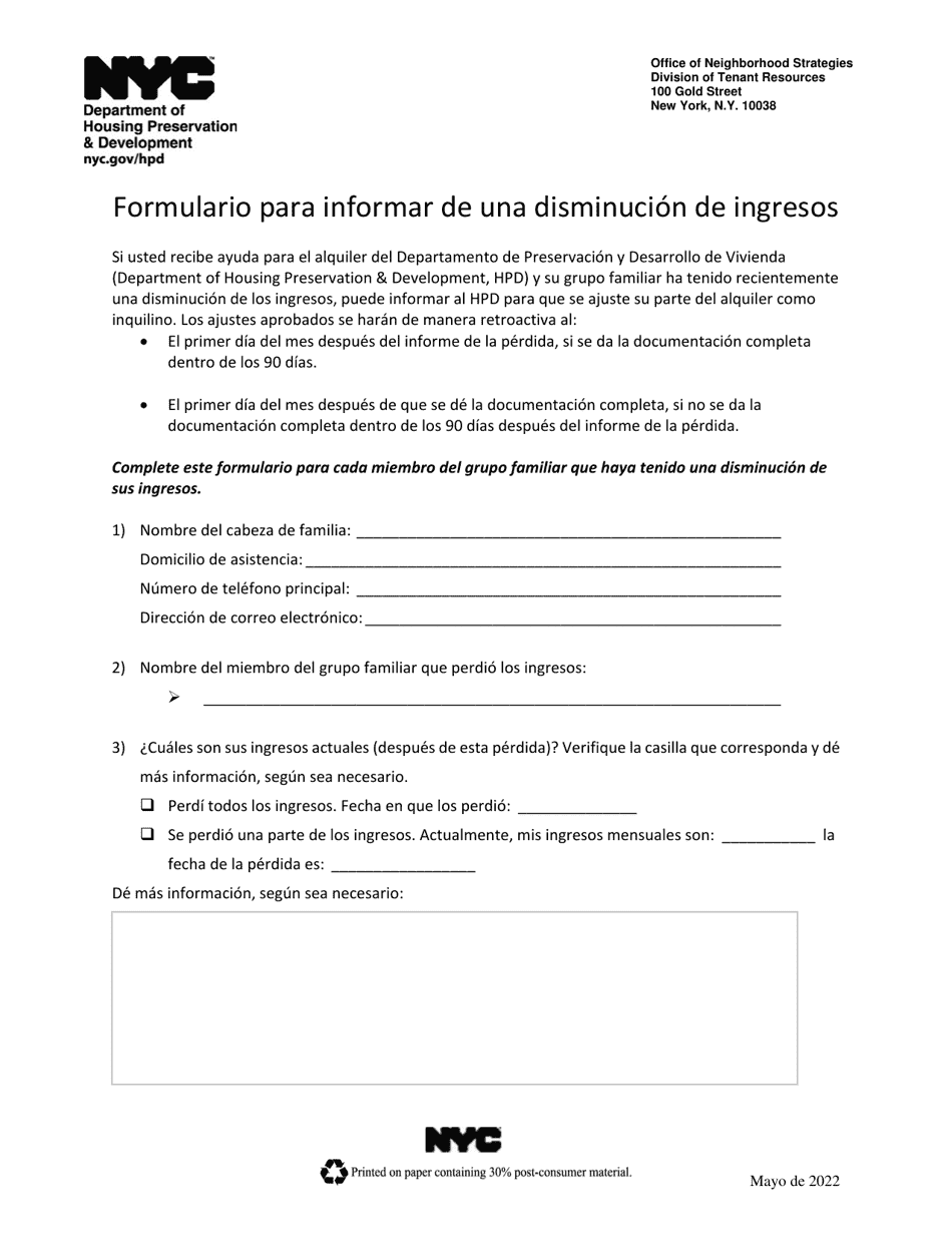Formulario Para Informar De Una Disminucion De Ingresos - New York City (Spanish), Page 1
