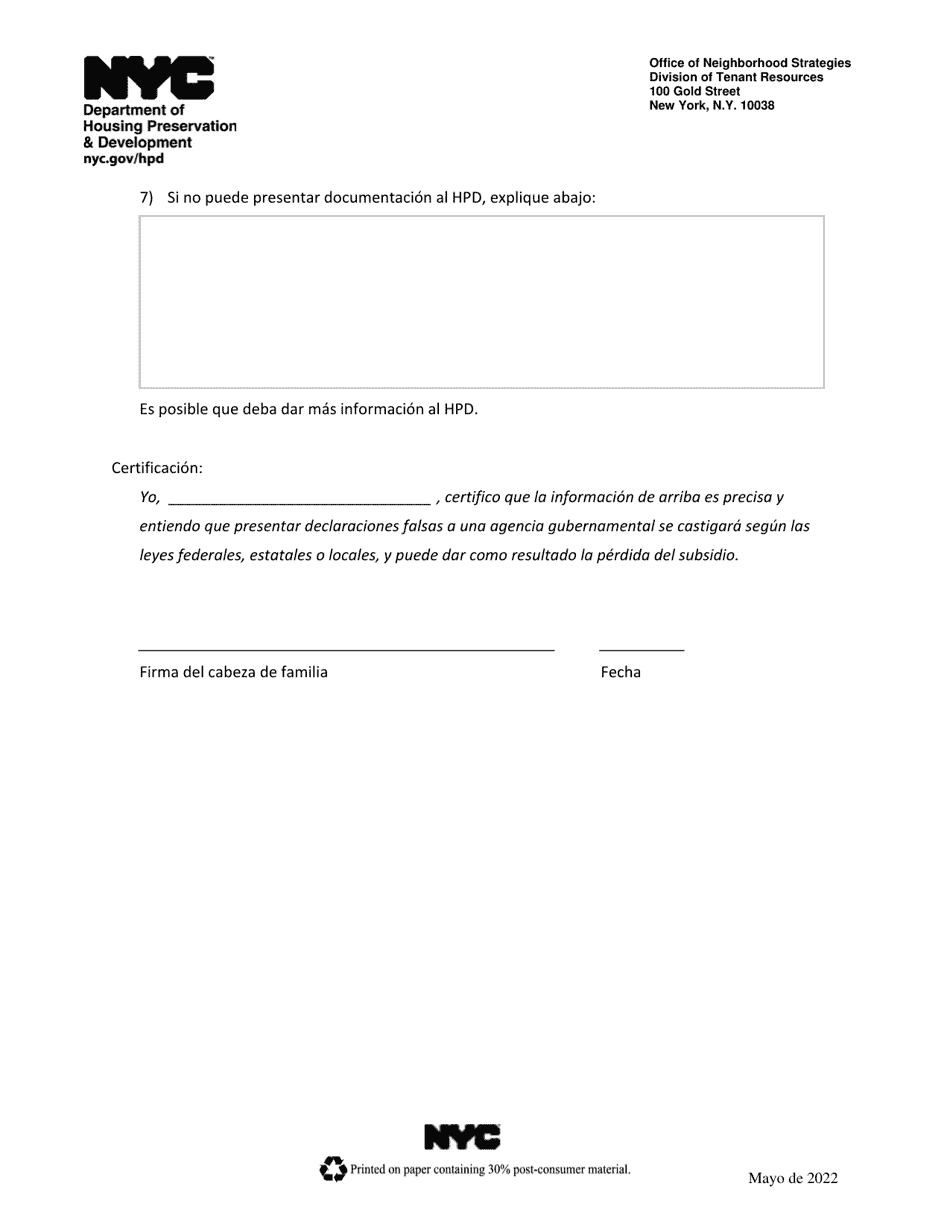 Formulario Para Informar De Una Disminucion De Ingresos - New York City (Spanish), Page 3