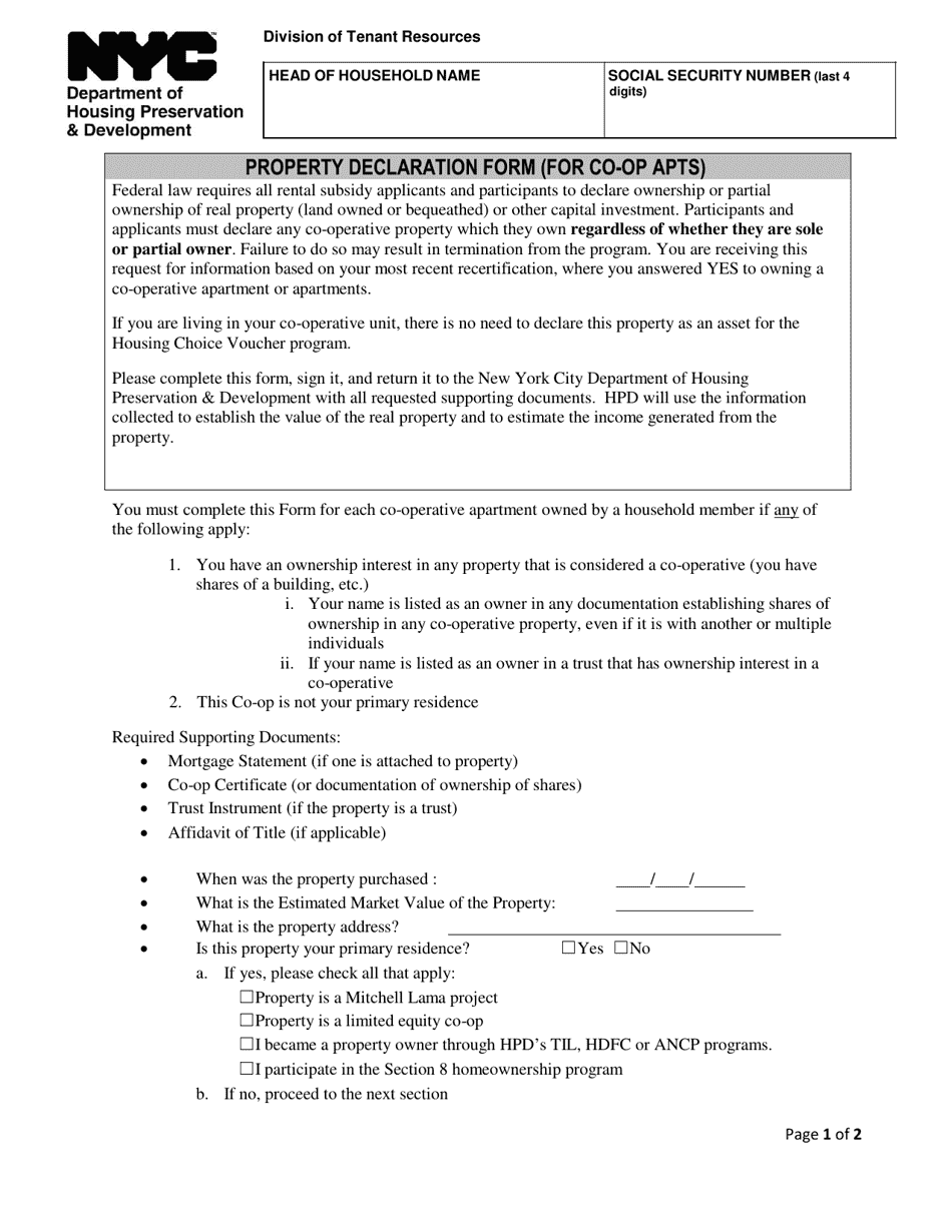 Property Declaration Form (For Co-op Apts) - New York City, Page 1