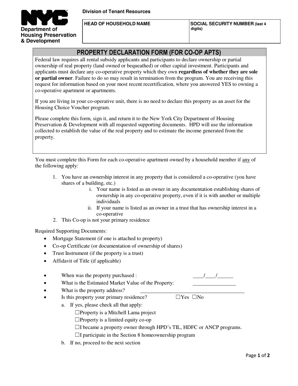 New York City Property Declaration Form (For Coop Apts) Fill Out