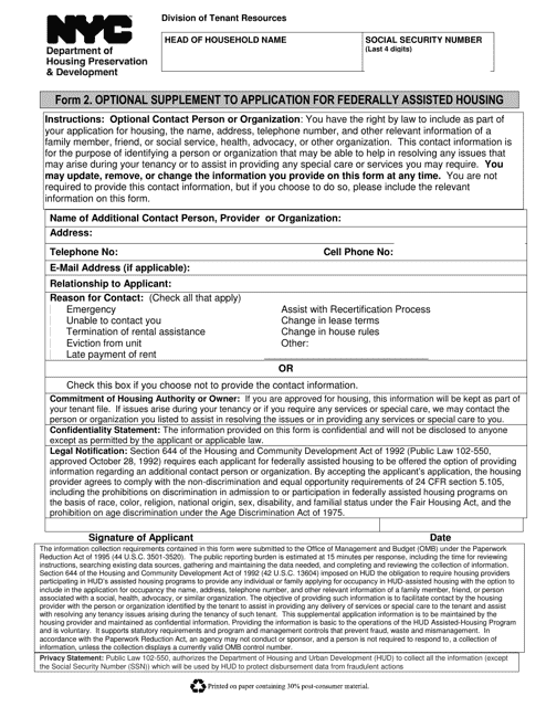 Form 2 Optional Supplement to Application for Federally Assisted Housing - New York City (English/Spanish)