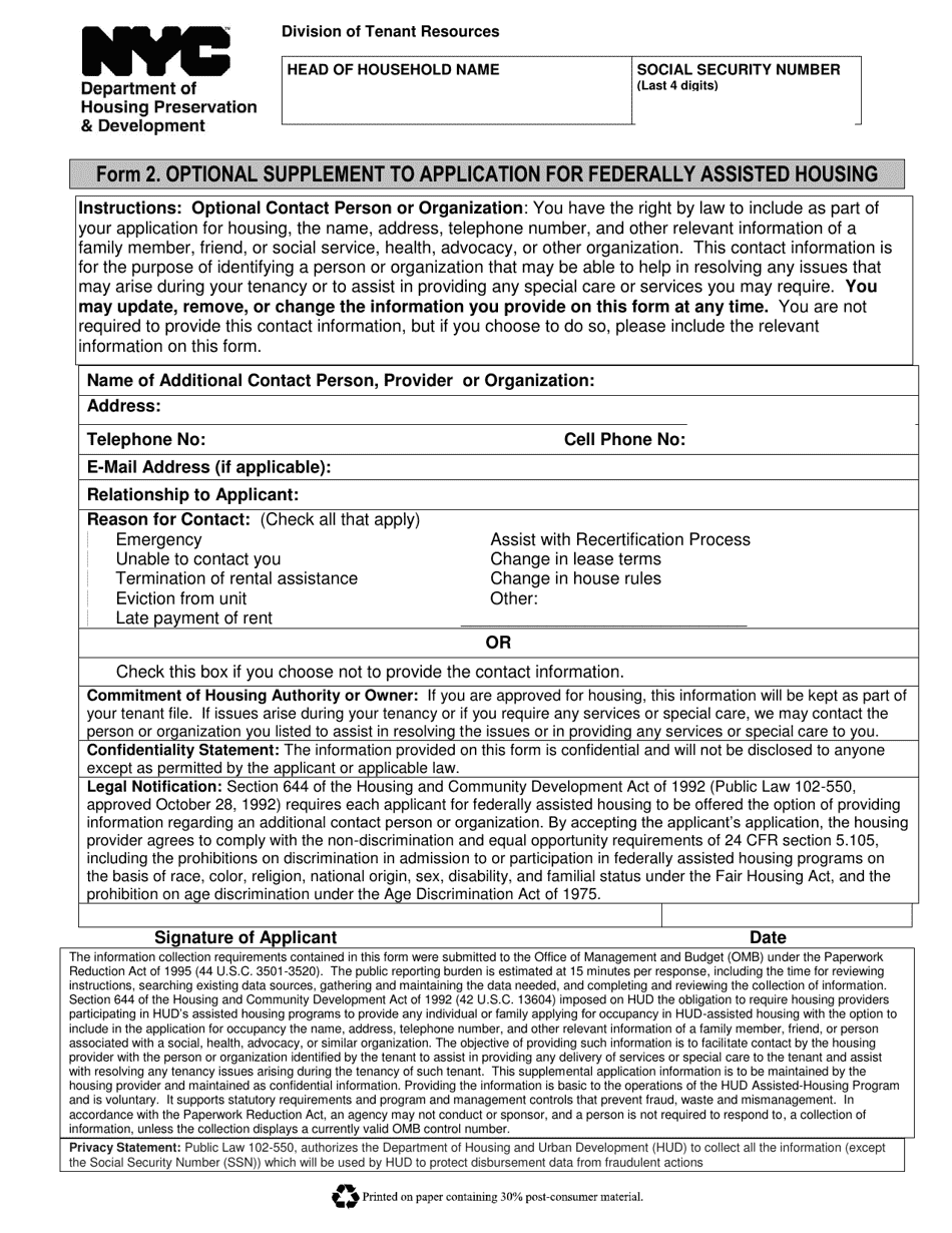 Form 2 Optional Supplement to Application for Federally Assisted Housing - New York City (English / Spanish), Page 1