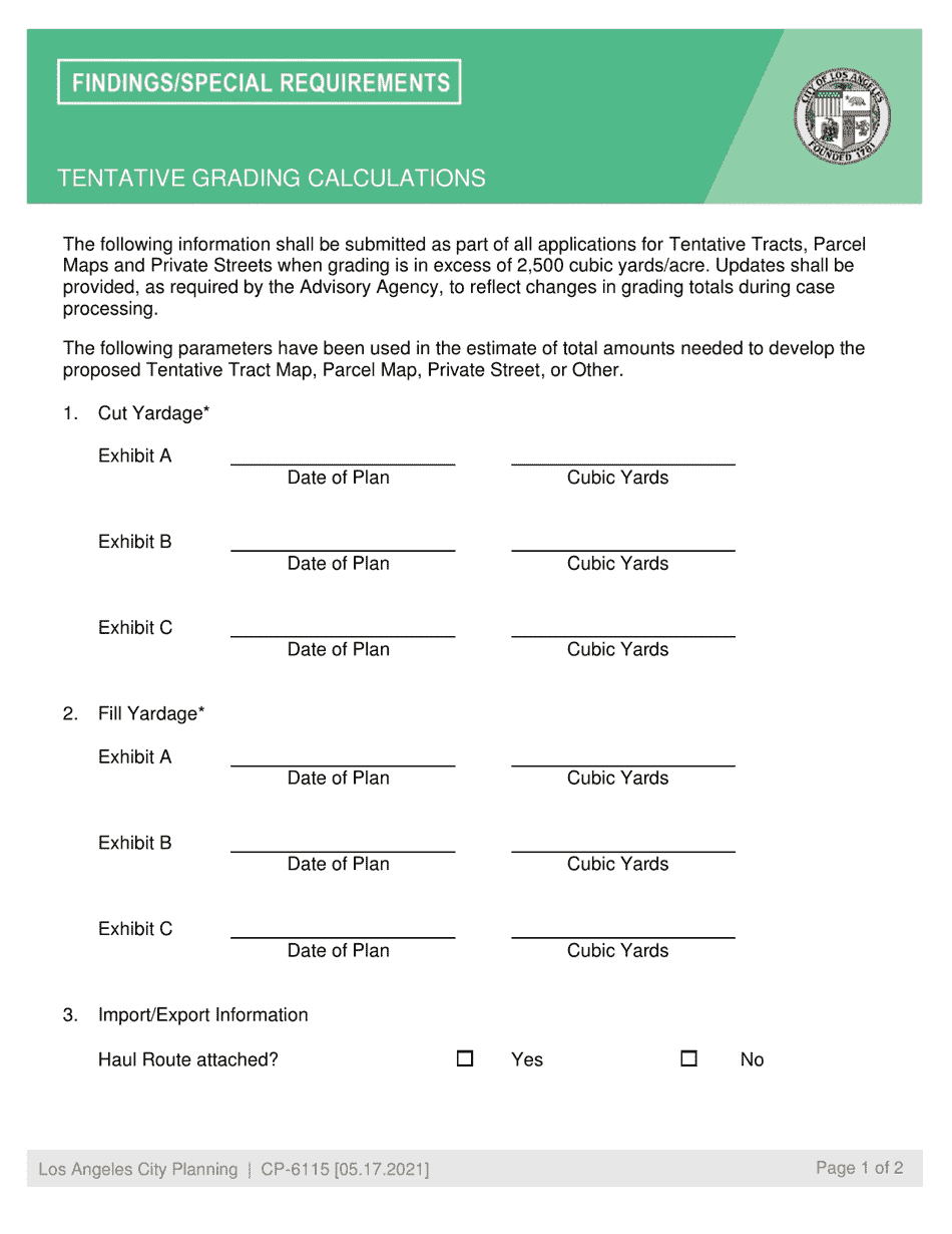 Form CP-6115 Tentative Grading Calculations - City of Los Angeles, California, Page 1