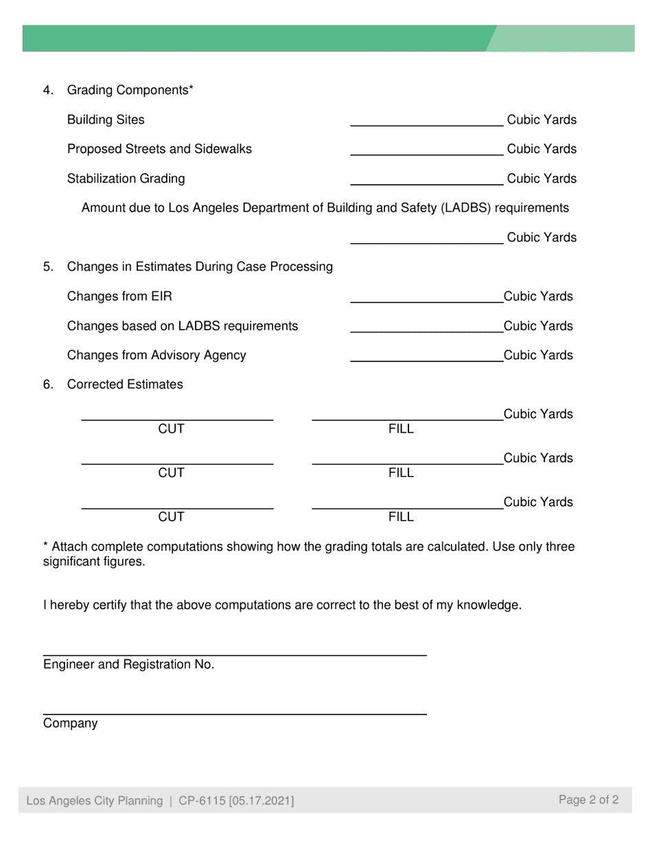 Form CP-6115 Tentative Grading Calculations - City of Los Angeles, California, Page 2