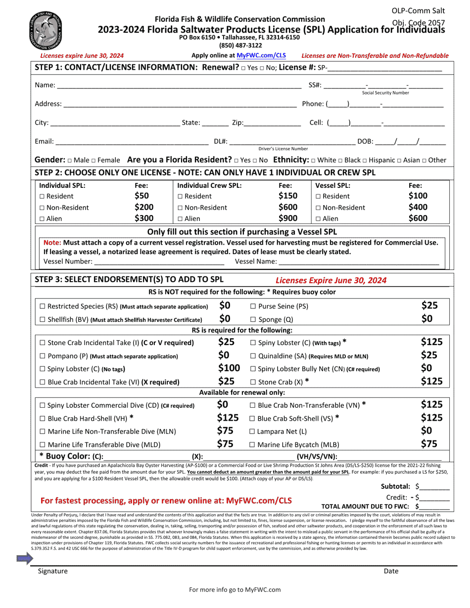 2024 Florida Florida Saltwater Products License (Spl) Application for ...