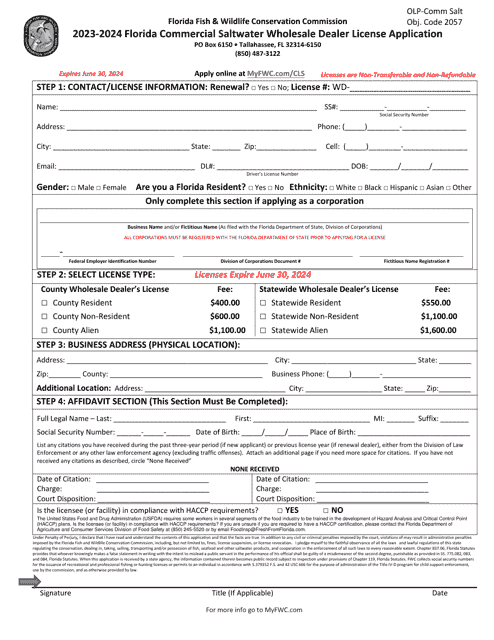 Florida Commercial Saltwater Wholesale Dealer License Application - Florida Download Pdf