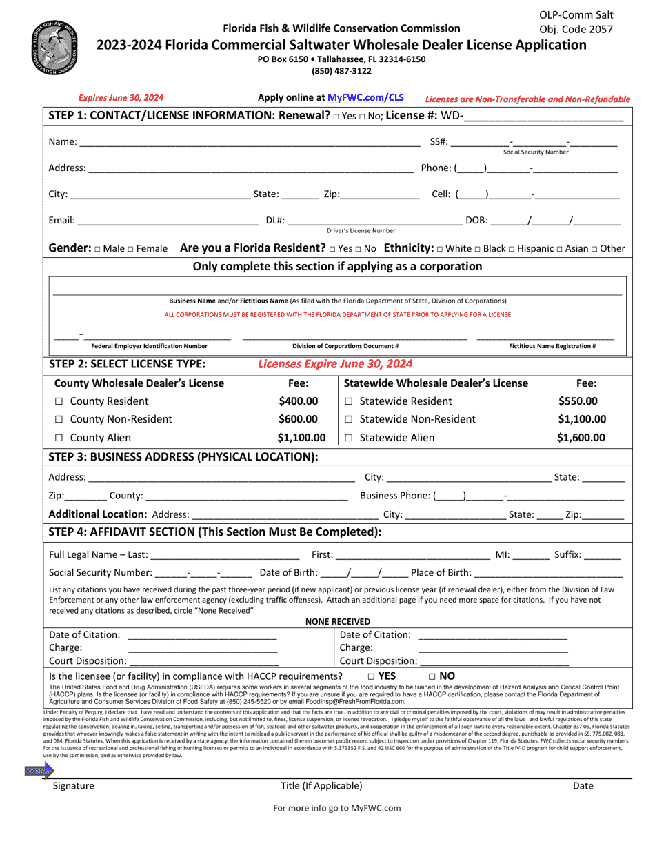 2024 Florida Florida Commercial Saltwater Wholesale Dealer License