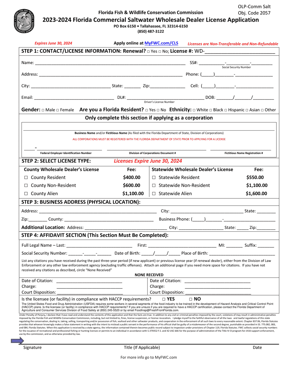Florida Commercial Saltwater Wholesale Dealer License Application - Florida, Page 1