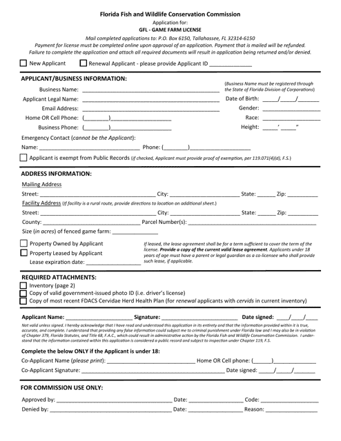 Application for Gfl - Game Farm License - Florida