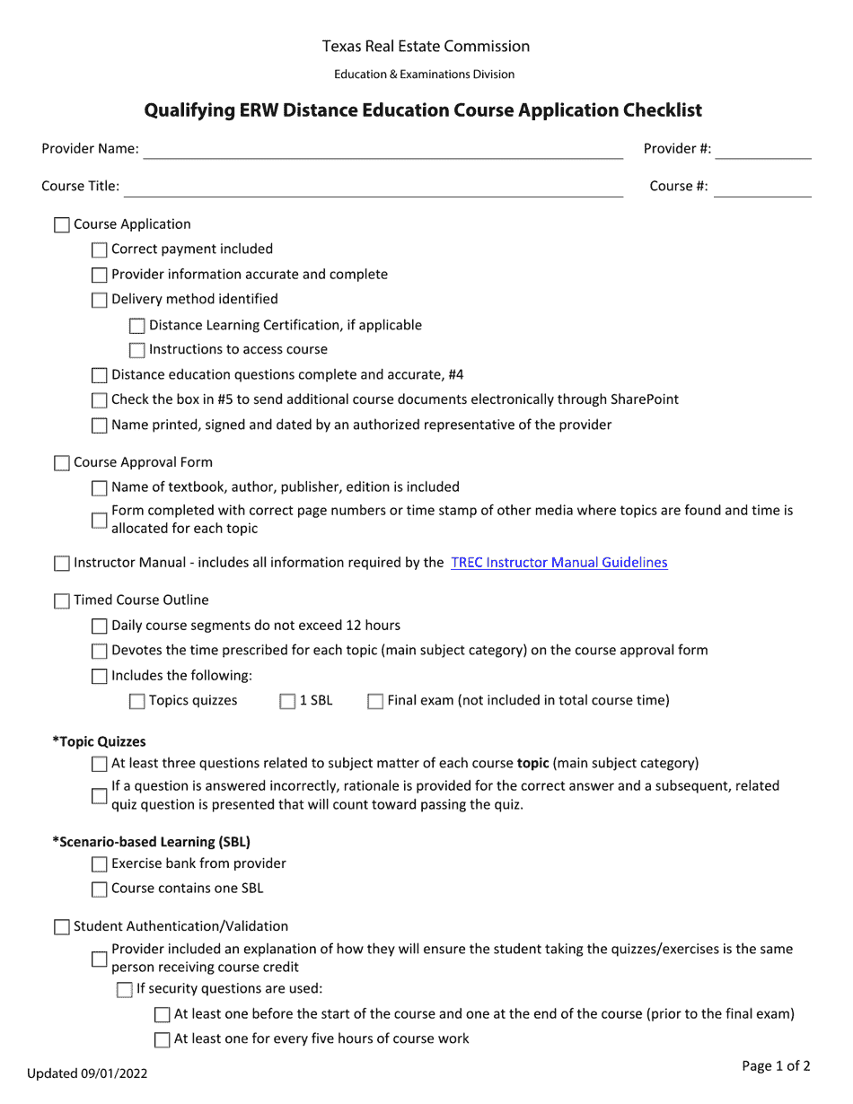 Qualifying Erw Distance Education Course Application Checklist - Texas, Page 1