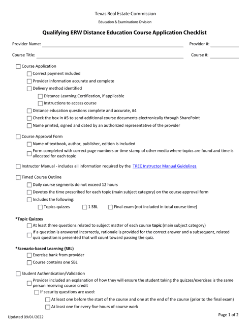 Qualifying Erw Distance Education Course Application Checklist - Texas Download Pdf
