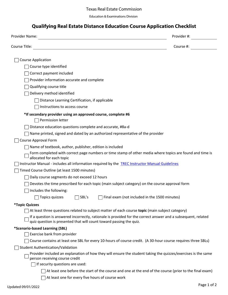 Qualifying Real Estate Distance Education Course Application Checklist - Texas, Page 1