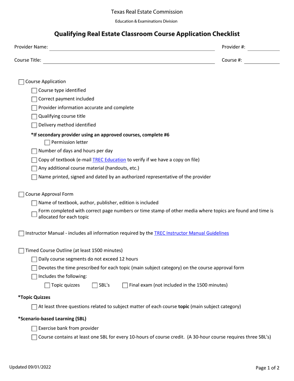 Qualifying Real Estate Classroom Course Application Checklist - Texas, Page 1