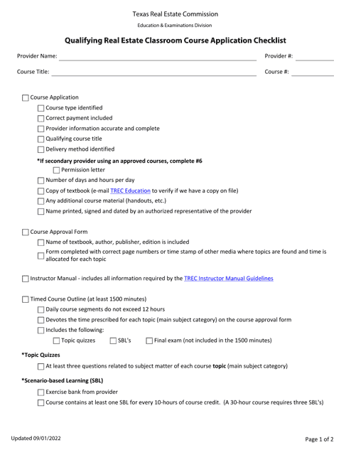 Qualifying Real Estate Classroom Course Application Checklist - Texas Download Pdf