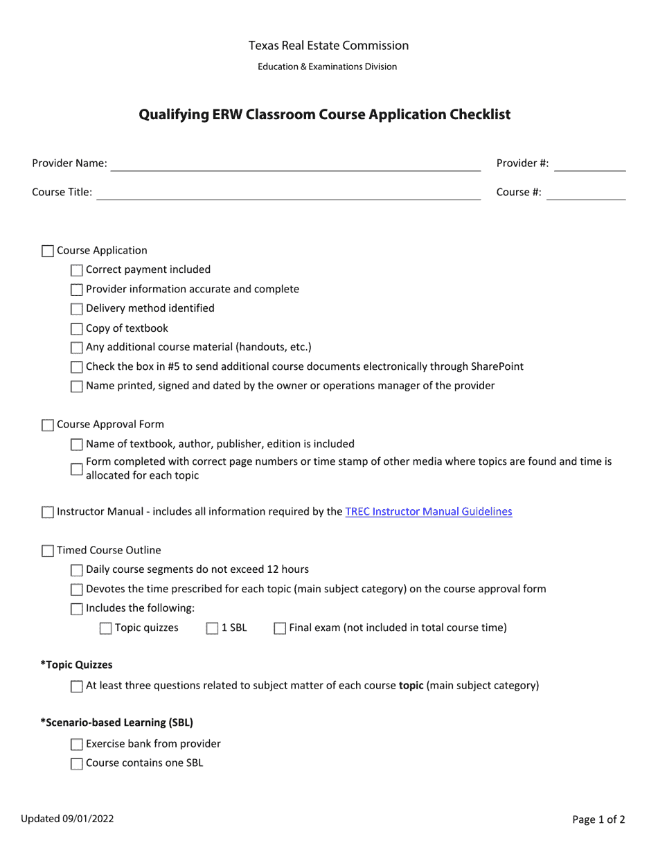 Qualifying Erw Classroom Course Application Checklist - Texas, Page 1
