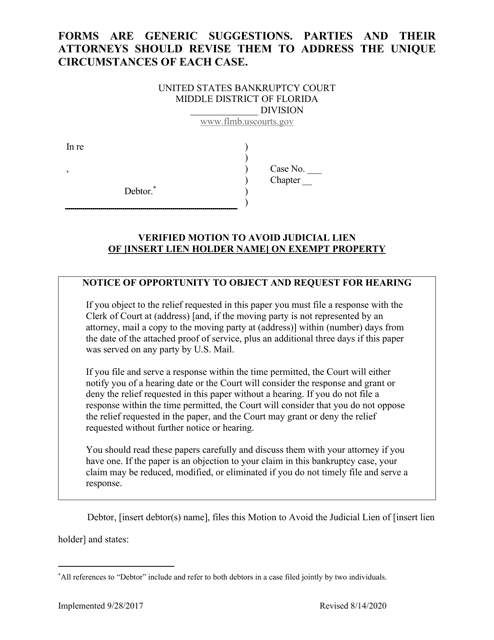 Verified Motion to Avoid Judicial Lien on Exempt Property - Florida Download Pdf
