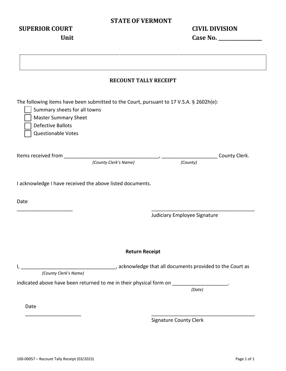 Form 100-00057 Recount Tally Receipt - Vermont, Page 1