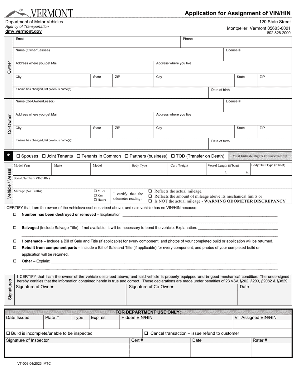 Form VT-003 - Fill Out, Sign Online and Download Fillable PDF, Vermont ...