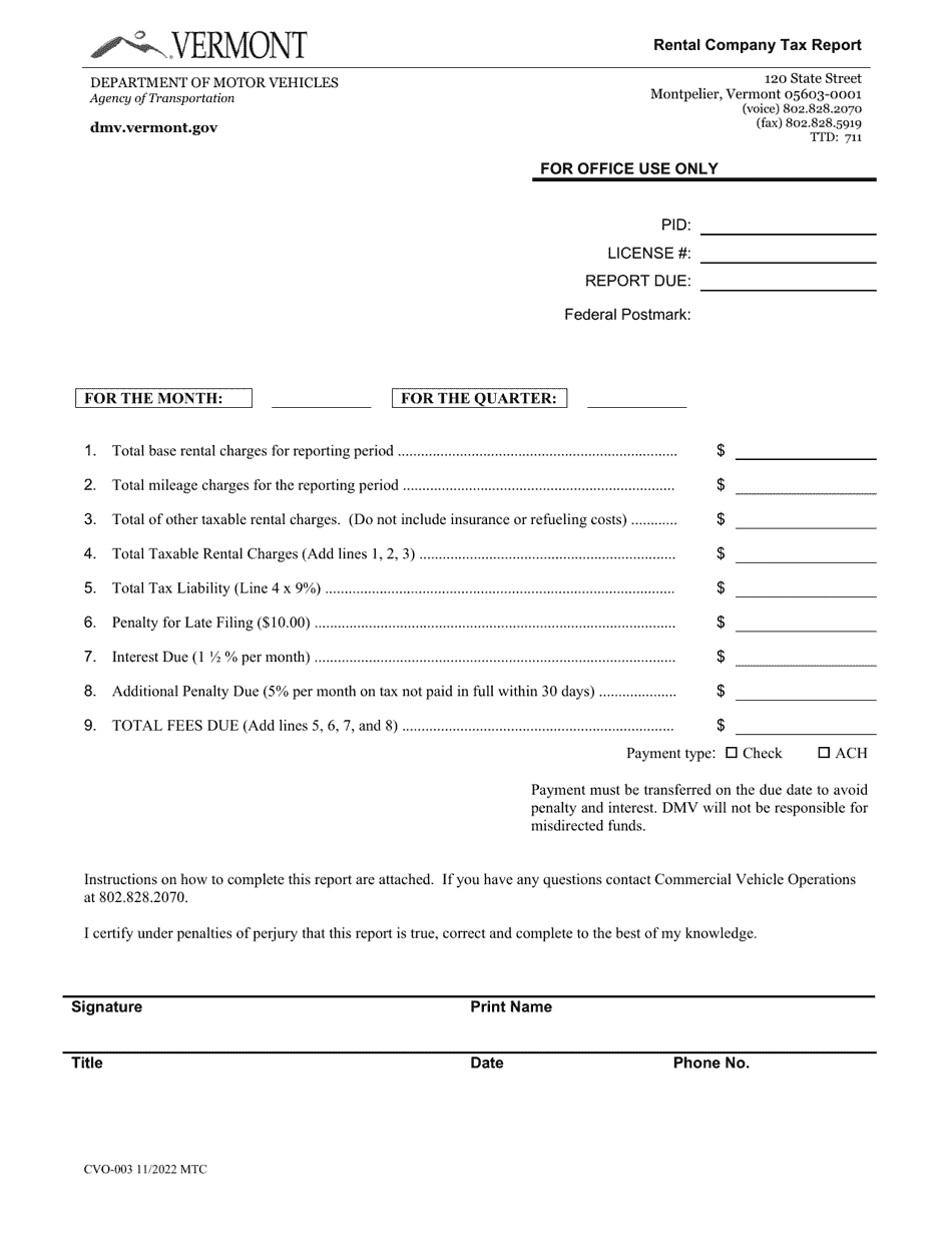 Form CVO003 Download Fillable PDF or Fill Online Rental Company Tax Report, Vermont